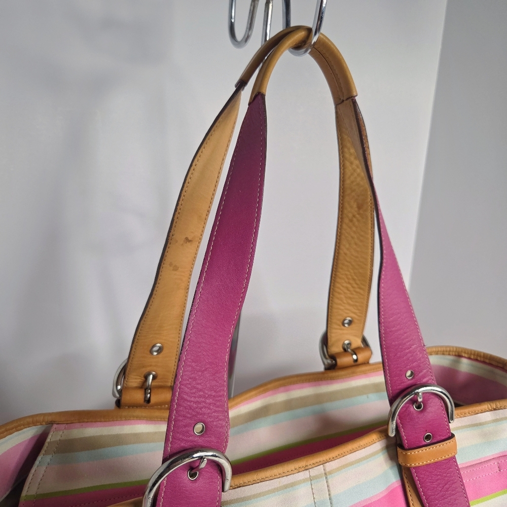 Coach Y2K Hamptons Pastel Striped Canvas & Leather Oversized Tote Bag #5177 - Picture 9 of 11